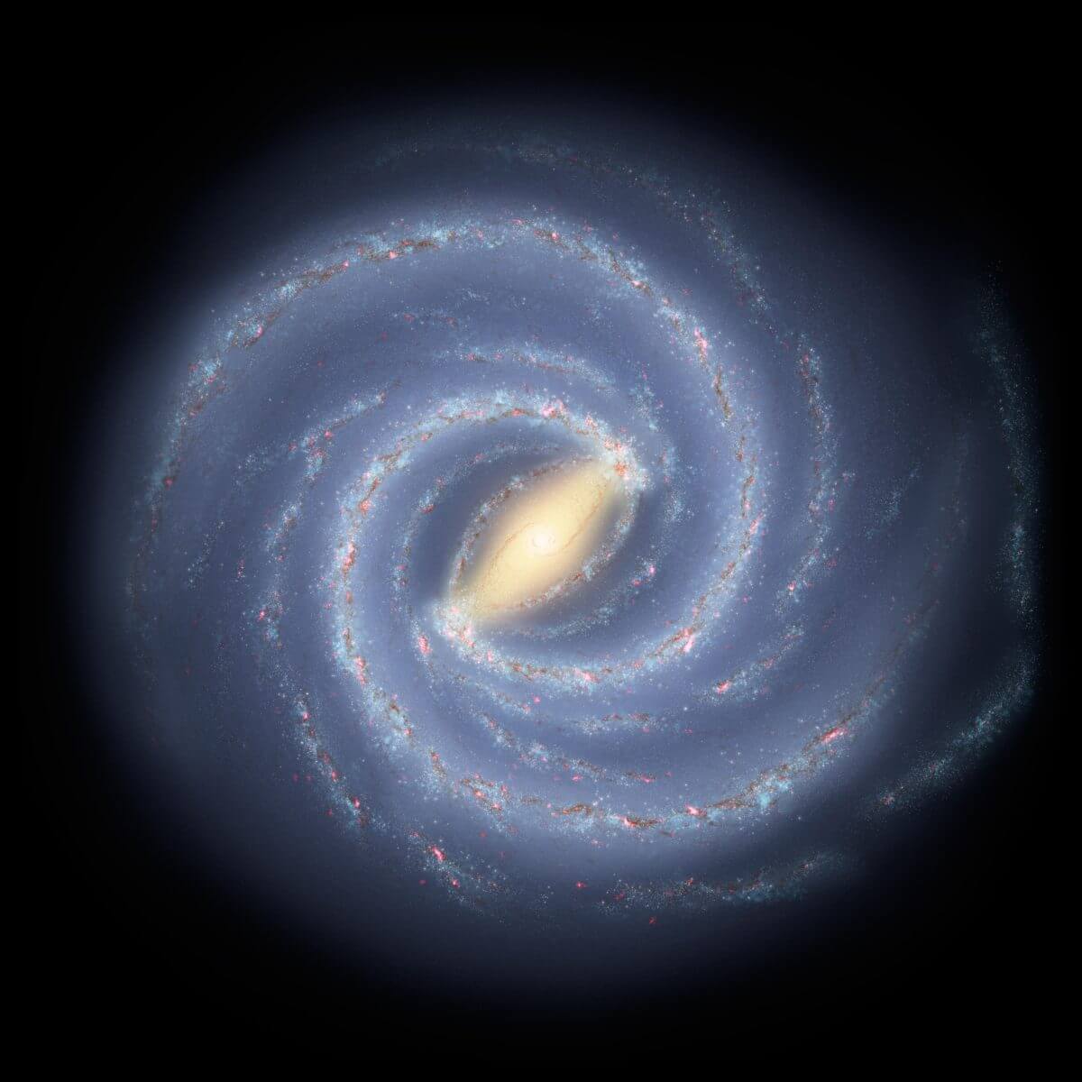 天の川銀河を描いた想像図。中心付近に古い星が集まったバルジがあり、その周りを渦巻腕がある円盤部が取り囲んでいる
