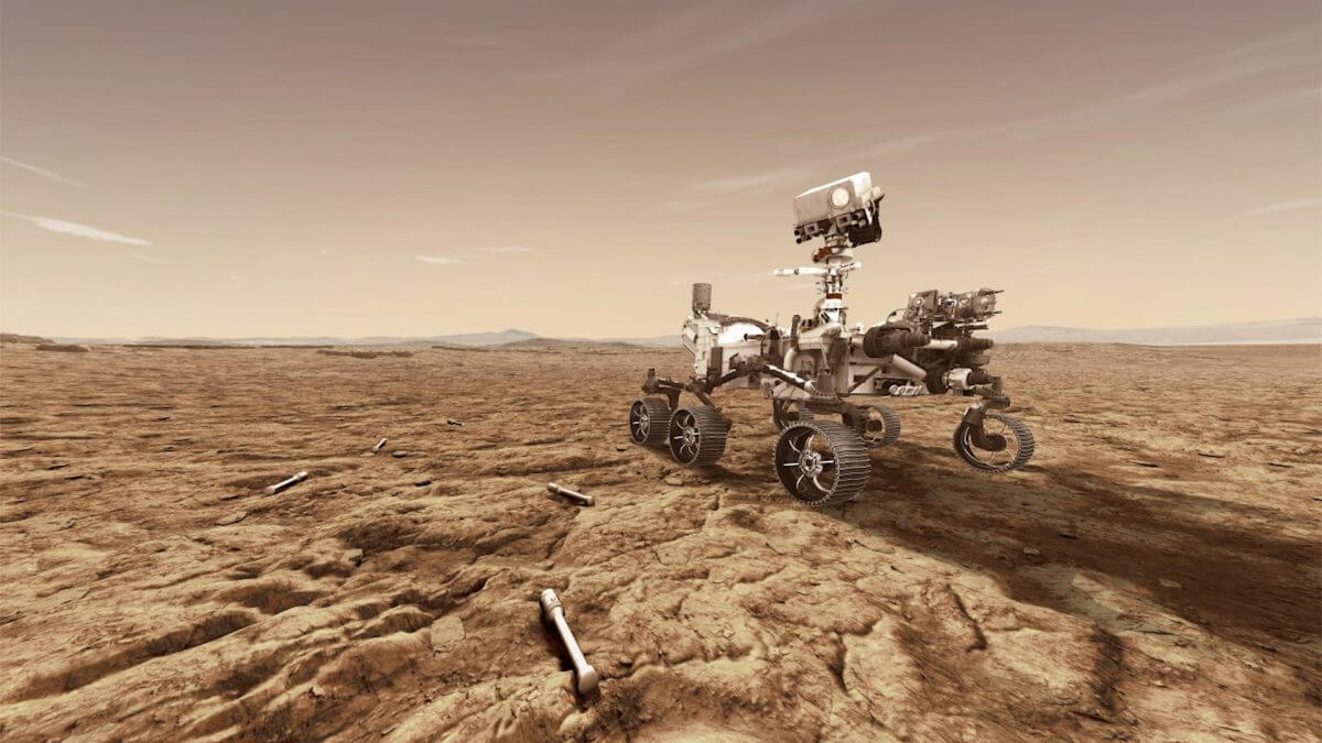 探査活動を行う火星探査車「Perseverance」の想像図。火星表面にはサンプルが密封された保管容器が置かれている（Credit: NASA/JPL-Caltech）