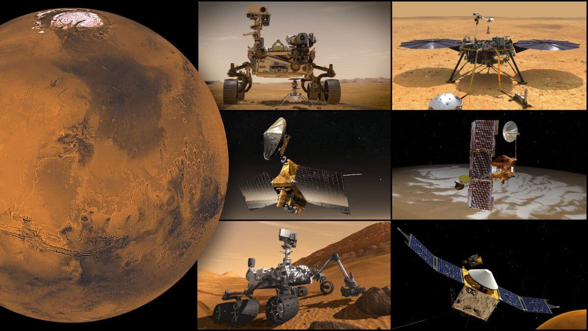 NASAが行っている火星探査ミッションの探査機・探査車たち。左上から時計回りに：Perseverance＆インジェニュイティ、インサイト、2001マーズ・オデッセイ、MAVEN、キュリオシティ、マーズ・リコネッサンス・オービター（Credit: NASA/JPL-Caltech）