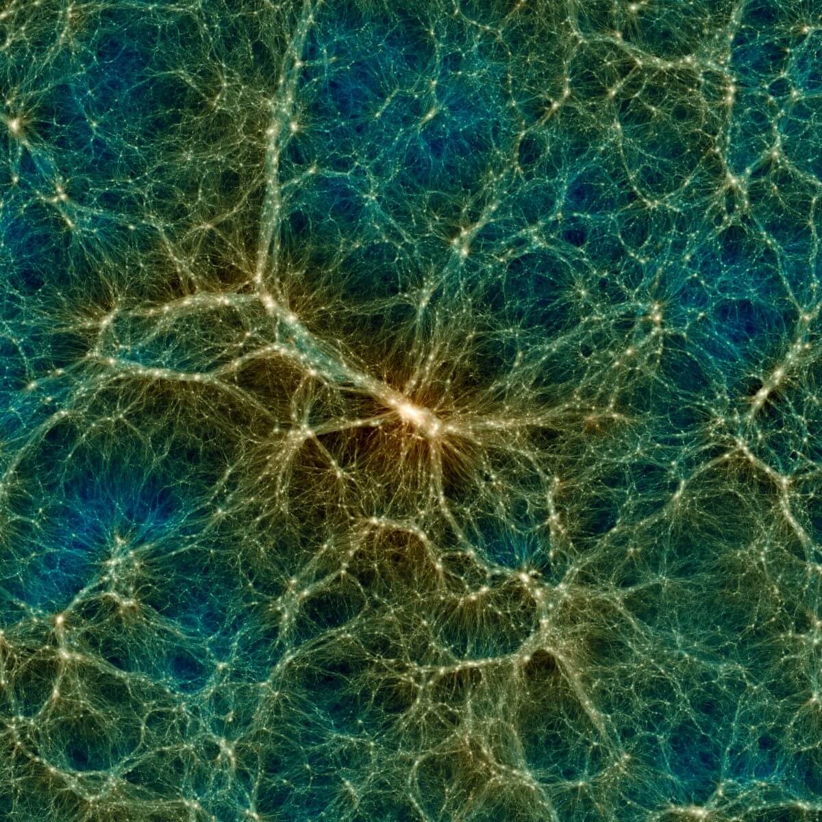 国立天文台のスーパーコンピューターを使って行われたシミュレーション「Uchuu」で再現された模擬宇宙の一部。暗黒物質ハローが宇宙の大規模構造を紡ぎ出している（Credit: 石山智明）