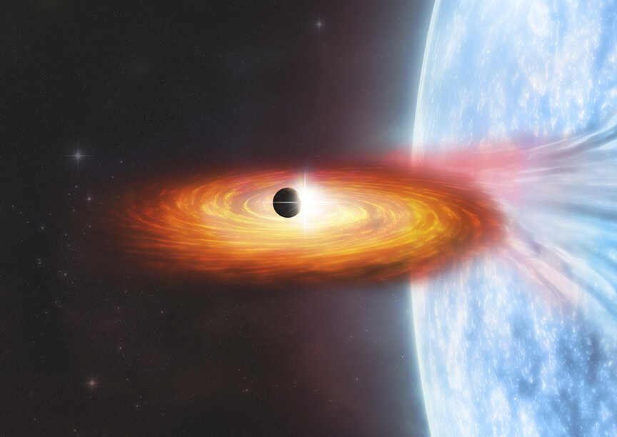  X線連星「M51-ULS-1」を公転する系外惑星の想像図。ブラックホールもしくは中性子星（中央）には大質量星（右）から落下したガスによって降着円盤が形成されており、その手前を系外惑星が横切る様子が描かれている。画像では連星のすぐ近くを系外惑星が公転しているように見えるが、実在すれば太陽から土星までの距離の2倍程度（約20天文単位）離れているとされる（Credit: NASA/CXC/M. Weiss）