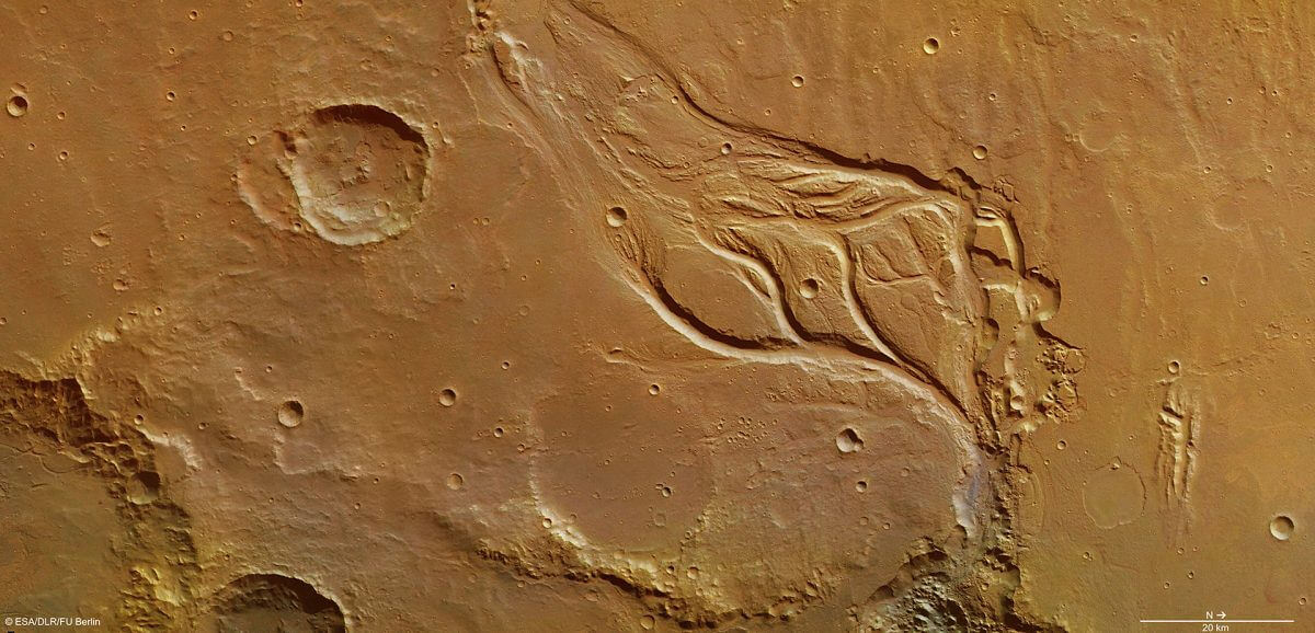 火星のオスガ渓谷（Osuga Valles、全長164km）の中央部。場所によっては幅20km・深さ900mに達するオスガ渓谷は、大規模な洪水によって形成されたと考えられている（Credit: ESA/DLR/FU Berlin）