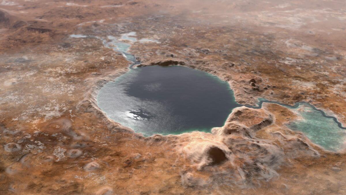 ジェゼロ・クレーターにかつてあったとされる湖の想像図（Credit: NASA/JPL-Caltech）