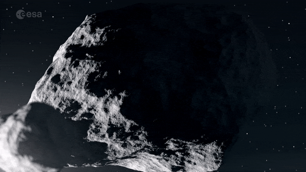 二重小惑星をなす小惑星「ディディモス」（奥）とその衛星「ディモルフォス」（手前）の想像図（Credit: ESA）