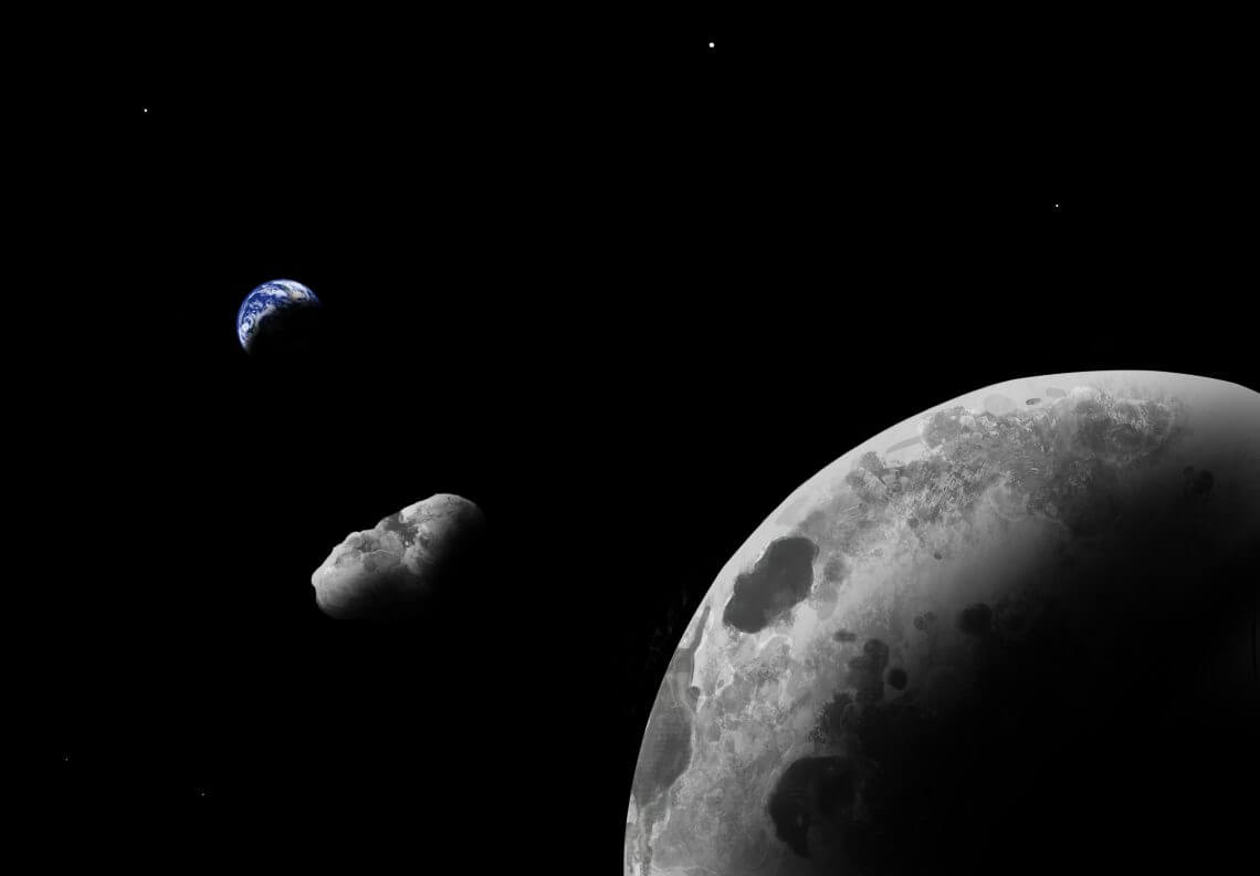 【▲地球と月の近くを移動する小惑星「Kamo`oalewa（カモオアレワ）」を描いたイメージ図（Credit: Addy Graham/University of Arizona）】