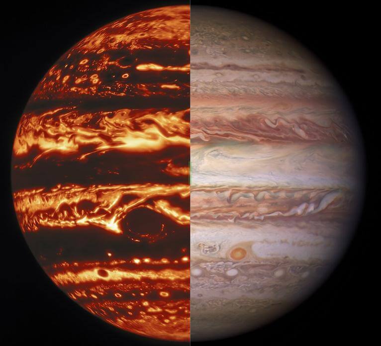 可視光線（右）と赤外線（左）で撮影された木星の姿（Credit: International Gemini Observatory/NOIRLab/NSF/AURA/NASA/ESA, M.H. Wong and I. de Pater (UC Berkeley) et al.）