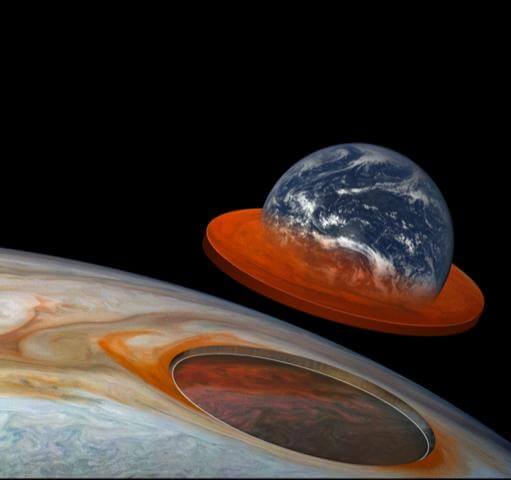 大赤斑のサイズや深さを地球のサイズと比較したイメージ図（Credit: JunoCam Image data: NASA/JPL-Caltech/SwRI/MSSSJunoCam Image processing by Kevin M. Gill (CC BY)Earth Image: NASA）