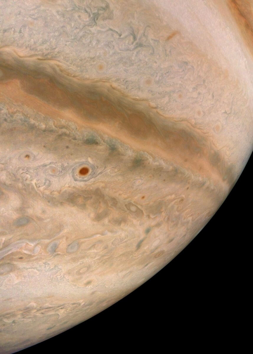 木星探査機「ジュノー」が2021年9月の接近時に撮影した木星の南半球（Credit: NASA/JPL-Caltech/SwRI/MSSS, Image processing by Brian Swift）