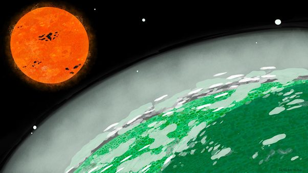 水素の大気を持ち海が存在する系外惑星の想像図（Credit: ササオカミホ/SASAMI-GEO-SCIENCE, inc.）