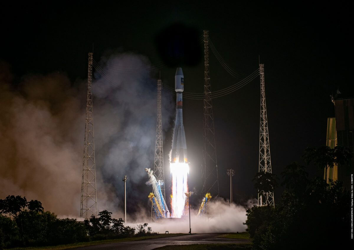 ギアナ宇宙センターから打ち上げられるソユーズロケット（Credit: Arianespace Twitter）