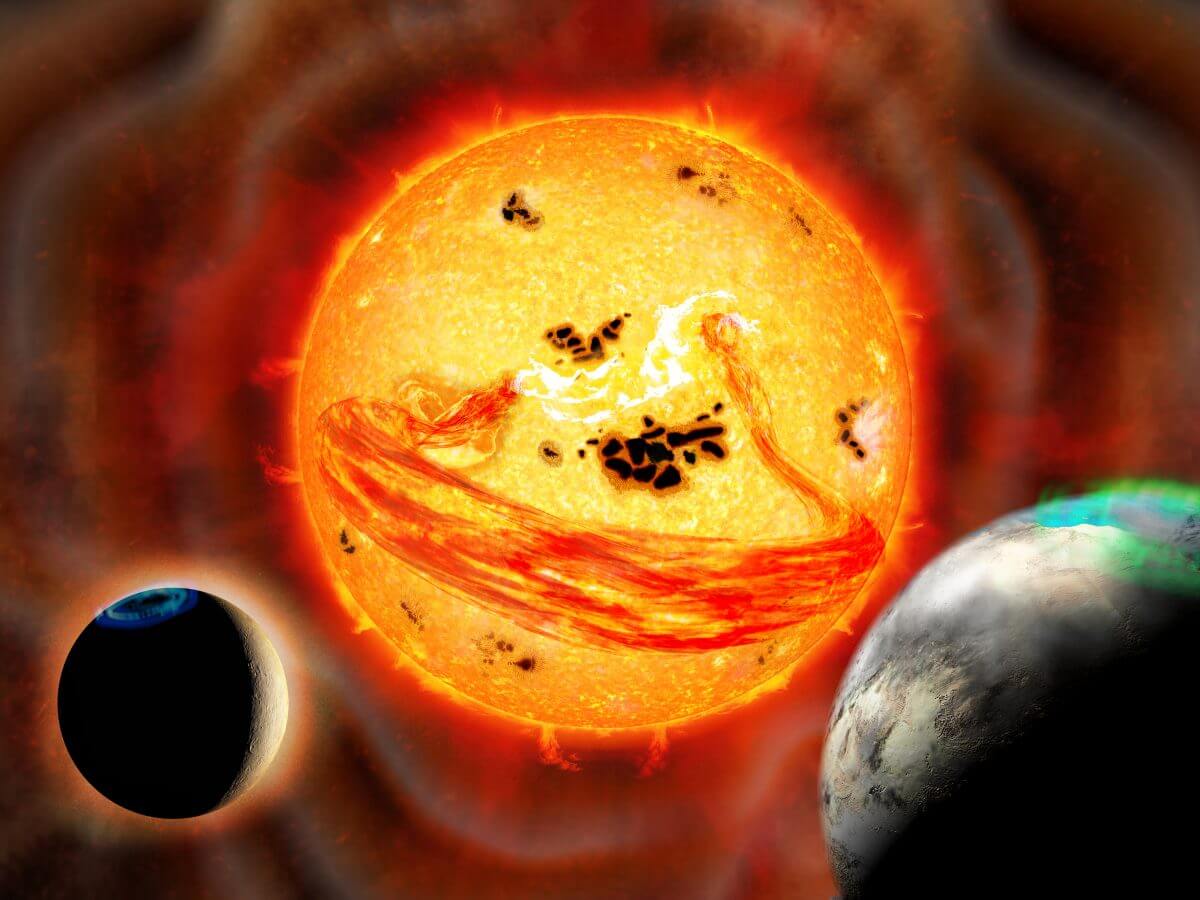 若い太陽型星「りゅう座EK星」を描いた想像図。スーパーフレアにともなう巨大なフィラメント噴出が起きている（Credit: 国立天文台）