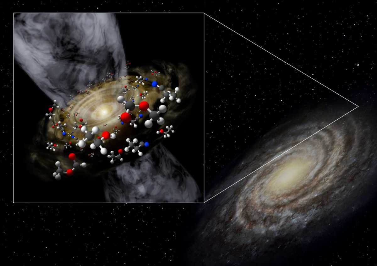 天の川銀河（右）の最外縁部で見つかった原始星とその周囲を取り巻く複雑な有機分子を含むガス雲（左）のイメージ図（Credit: 新潟大学）