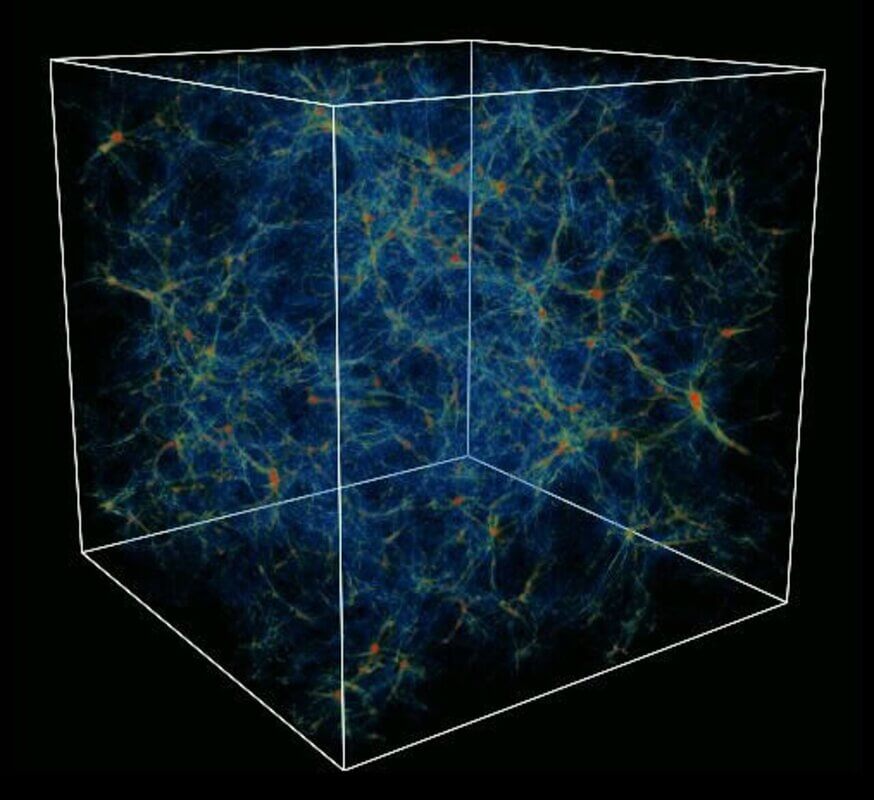 宇宙の大規模構造のシミュレーション画像。赤く着色された部分はフィラメントとフィラメントが交差する結び目を示しています（Credit:International Gemini Observatory-NOIRLab-NSF-AURA-G. L. Bryan-M. L. Norman）