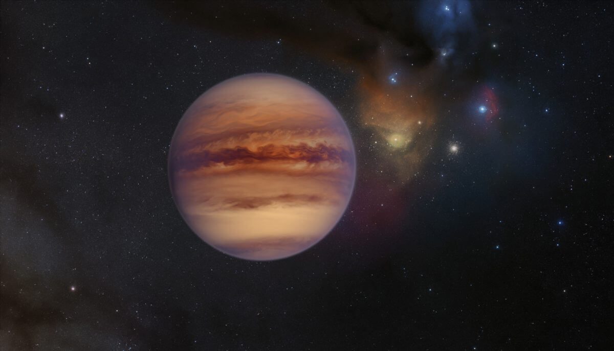 「自由浮遊惑星」の想像図。背景には太陽系に比較的近い星形成領域「へびつかい座ロー分子雲」が描かれている（Credit: ESO/M. Kornmesser）