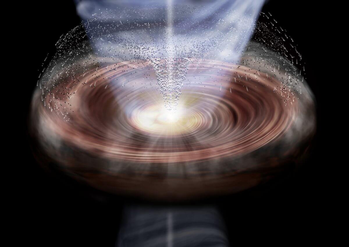 巻き上げられた塵が原始惑星系円盤の外縁部に降り積もる様子を描いた想像図（Credit: 鹿児島大学）