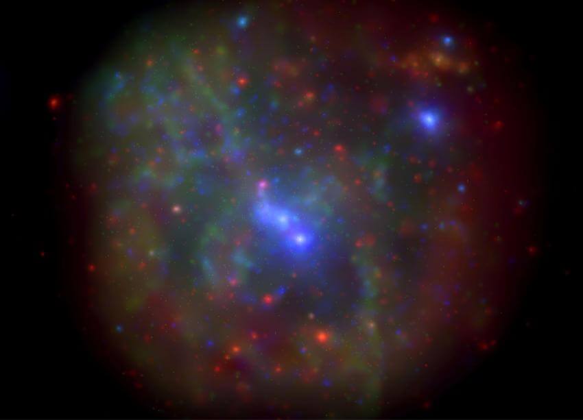 この銀河中心部のX線画像は、2006年から2013年までのスイフト衛星による観測をすべて統合したもので、「いて座A*」はその中心にあります。低エネルギー（300〜1500電子ボルト）のX線は「赤」、中エネルギー（1,500〜3,000電子ボルト）は「緑」、高エネルギー（3,000〜10,000電子ボルト）は「青」で表示されています（Credit: NASA/Swift/N. Degenaar）