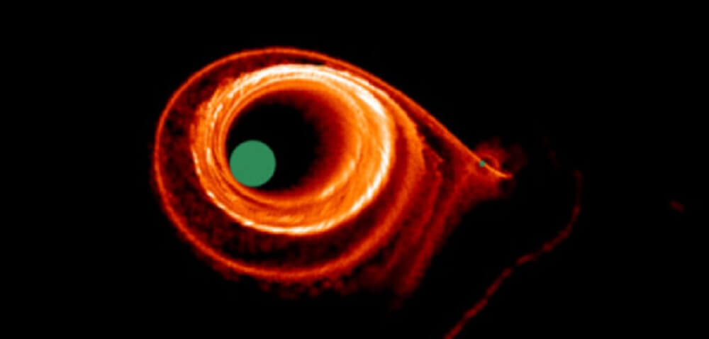 Be星（大きな緑の丸）と中性子星（小さな緑の丸）からなる連星系（Credit: Franchini &amp; Martin 2021）