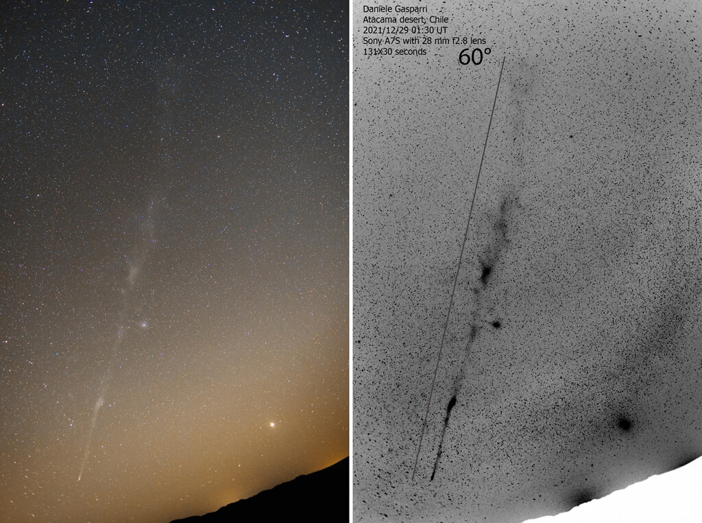 2021年12月29日にアタカマ砂漠で撮影されたレナード彗星と木星（右下）（Credit: Daniele Gasparri）