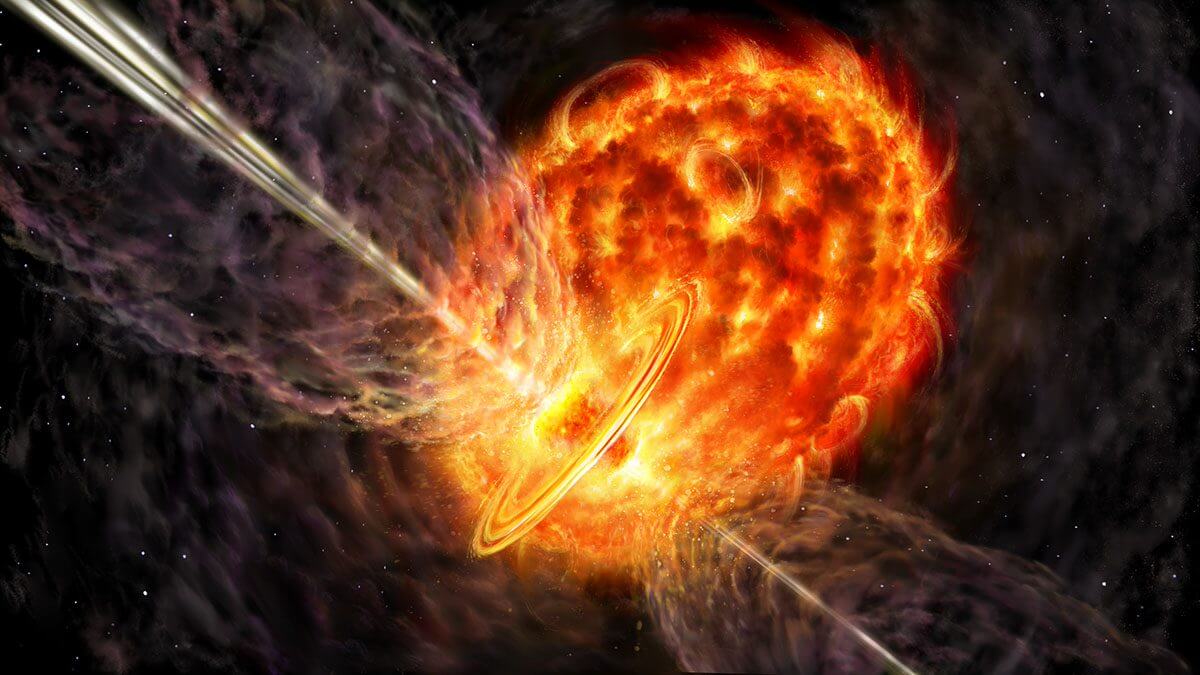 「宇宙の噴水」天体の想像図。巨星とその大気に入り込んだ小さな星の相互作用によってジェットが噴出し、物質の環が形成されている（Credit: Danielle Futselaar、artsource.nl ）