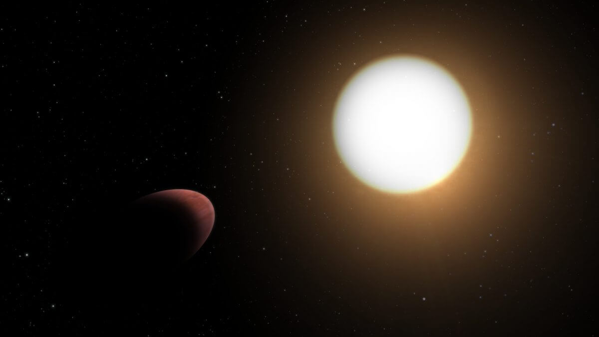 太陽系外惑星「WASP-103b」（左）の想像図。その形は主星「WASP-103」（右）の重力がもたらす潮汐力によってラグビーボールのように歪んでいるとされる（Credit: ESA）