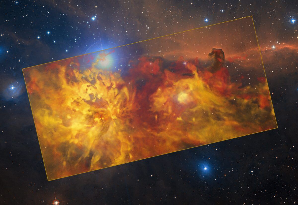 電波で観測されたオリオン座の「火炎星雲（NGC 2024）」とその周辺の様子。背景にはDSS2の可視光画像が用いられている（Credit: ESO/Th. Stanke &amp; ESO/Digitized Sky Survey 2. Acknowledgement: Davide De Martin）