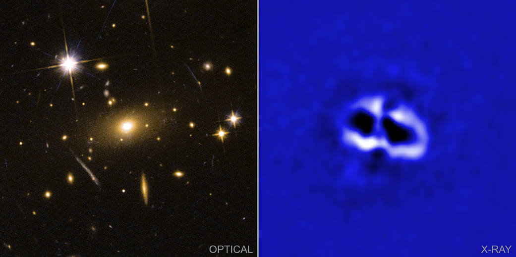 銀河団「RBS 797」の画像。左は可視光、右はX線で撮影されています（Credit: NASA/CXC/Univ. of Bologna/F. Ubertosi; Optical: NASA/STScl/M.Calzadilla）