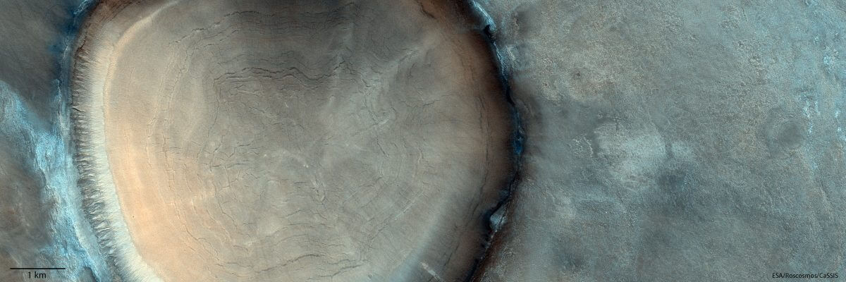 火星・北半球のアキダリア平原にある「木の年輪」を思わせるクレーター（Credit: ESA/Roscosmos/CaSSIS）