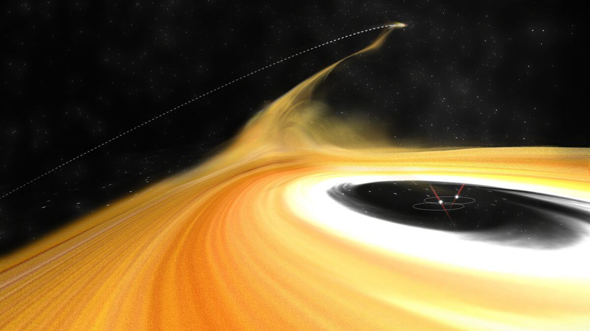 原始惑星系円盤に囲まれた若い連星「おおいぬ座Z星」の近くを星系外部の天体が通過する様子を示した図。乱された円盤から通過した天体に向かって尾のような構造が伸びている（Credit: ALMA (ESO/NAOJ/NRAO), B. Saxton (NRAO/AUI/NSF)）