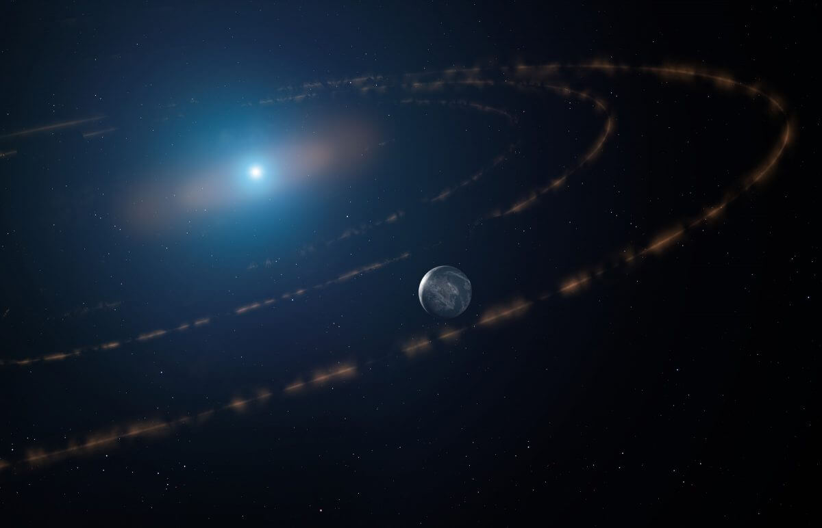 白色矮星「WD1054-226」を公転する残骸の雲と、未発見の系外惑星を描いた想像図（Credit: Mark A. Garlick / markgarlick.com）