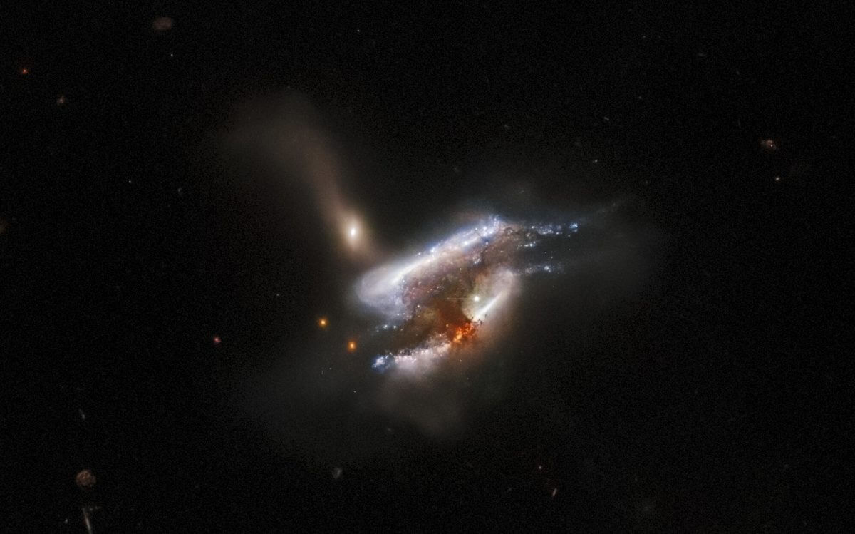 相互作用銀河「IC 2431」（公開画像をトリミングしたもの）（Credit: ESA/Hubble & NASA, W. Keel, Dark Energy Survey, DOE, FNAL, DECam, CTIO, NOIRLab/NSF/AURA, SDSS; Acknowledgement: J. Schmidt）