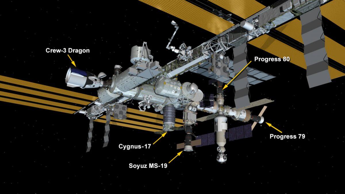 2022年2月21日時点におけるISSの構成。シグナス補給船運用17号機（Cygnus-17）が下部に結合されている（Credit: NASA）