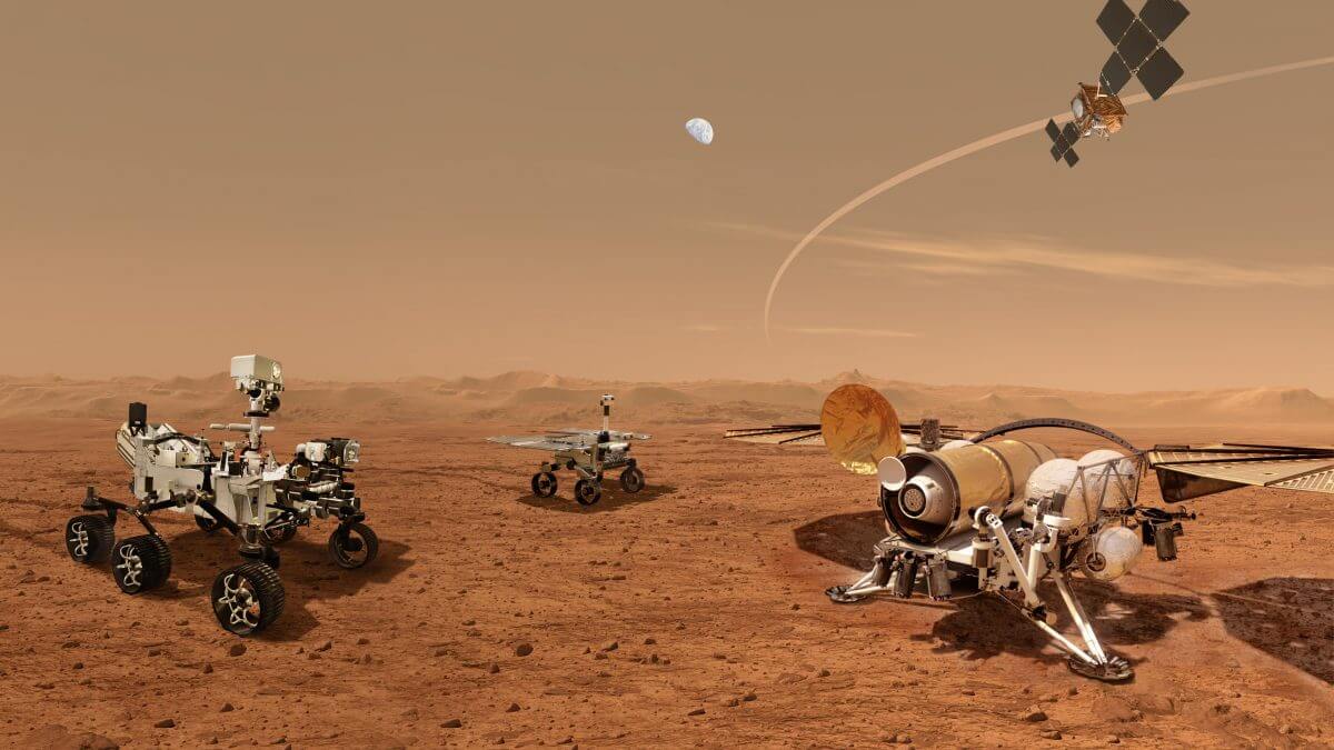 NASAとESAによる火星サンプルリターンミッションを表したイラスト。火星表面には左から、NASAのPerseverance、ESAのサンプル回収ローバー、MAVを搭載したNASAのサンプル回収ランダーが並ぶ。右上に描かれているのはESAのサンプル帰還用探査機（Credit: NASA/ESA/JPL-Caltech）