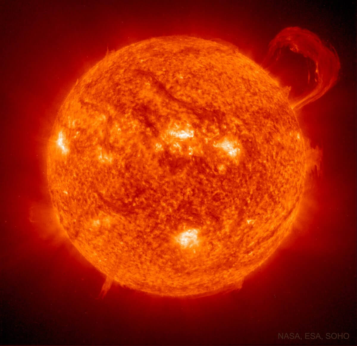 SOHO衛星が観測した太陽プロミネンス（Credit: NASA, ESA, SOHO-EIT Consortium）