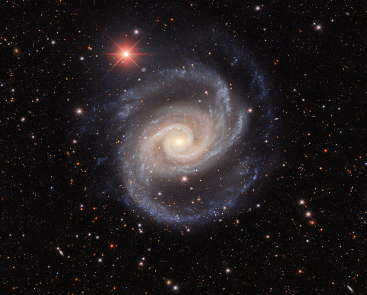 渦巻銀河「NGGC 1566」（Credit: Dark Energy Survey/DOE/FNAL/DECam/CTIO/NOIRLab/NSF/AURA; Image processing: T.A. Rector (University of Alaska Anchorage/NSF’s NOIRLab), J. Miller (Gemini Observatory/NSF’s NOIRLab), M. Zamani &amp; D. de Martin (NSF’s NOIRLab)）