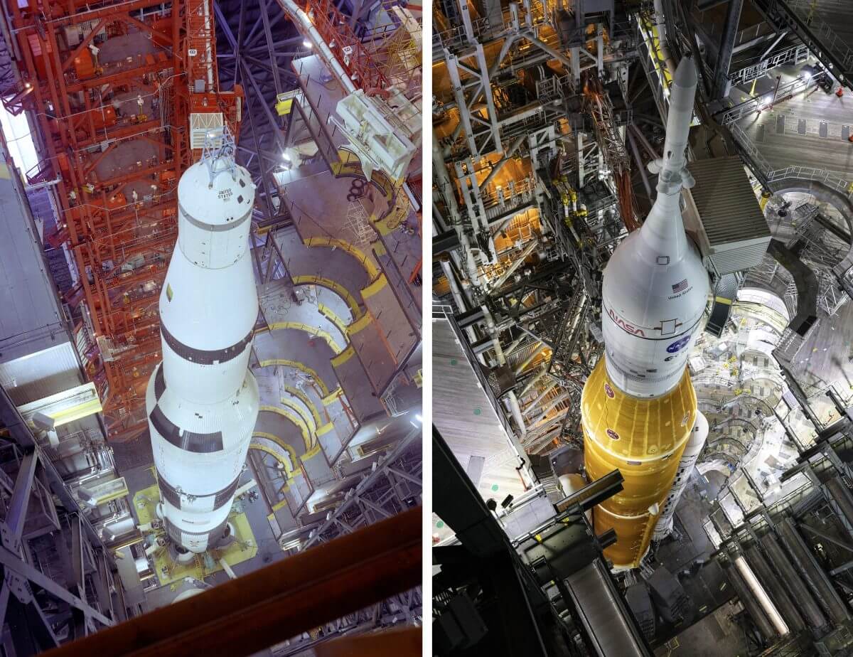 ケネディ宇宙センターのロケット組立棟で撮影された「サターンV」（左）と「SLS」（右）（Credit: NASA/Glenn Benson）