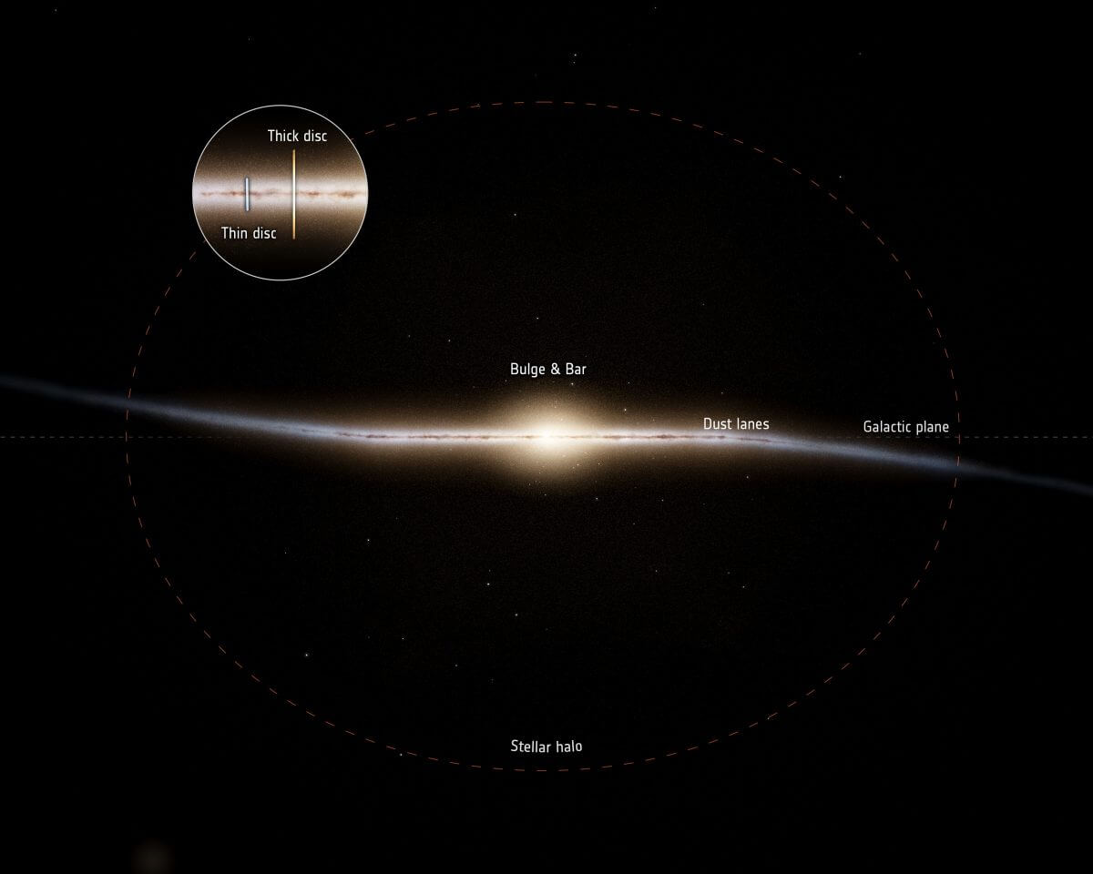 横から見た天の川銀河の想像図。左上の小さな図は厚い円盤（Thick disc）と薄い円盤（Thin disc）の厚みの違いを示している（Credit: Stefan Payne-Wardenaar / MPIA）