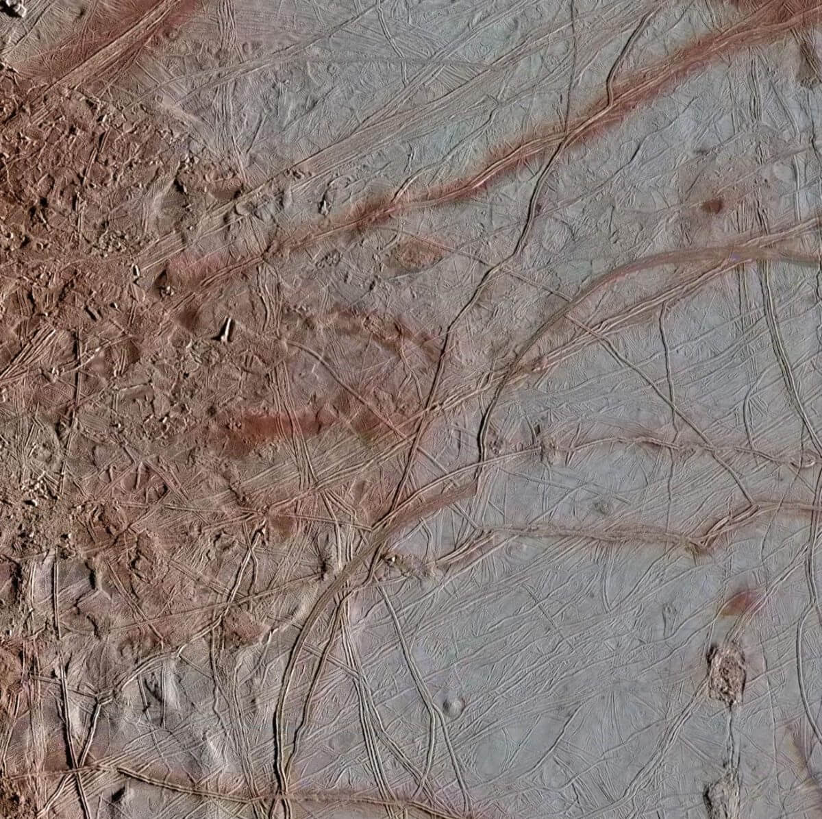 木星探査機「ガリレオ」が撮影したエウロパの表面。左側にカオス地形が広がっている（Credit: NASA/JPL-Caltech/SETI Institute）