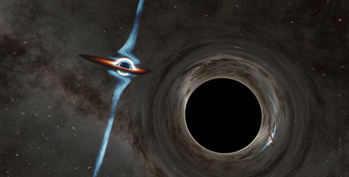 2つの超大質量ブラックホールからなる連星の想像図。片方のブラックホールからはジェットが噴出している（Credit: Caltech/R. Hurt (IPAC) ）