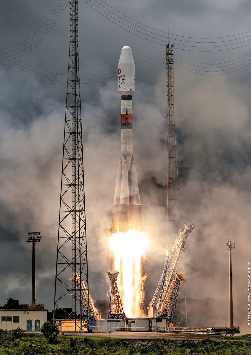 2022年2月にギアナ宇宙センターからワンウェブの通信衛星を打ち上げた「ソユーズ」ロケット（Credit: ESA/CNES/Arianespace）