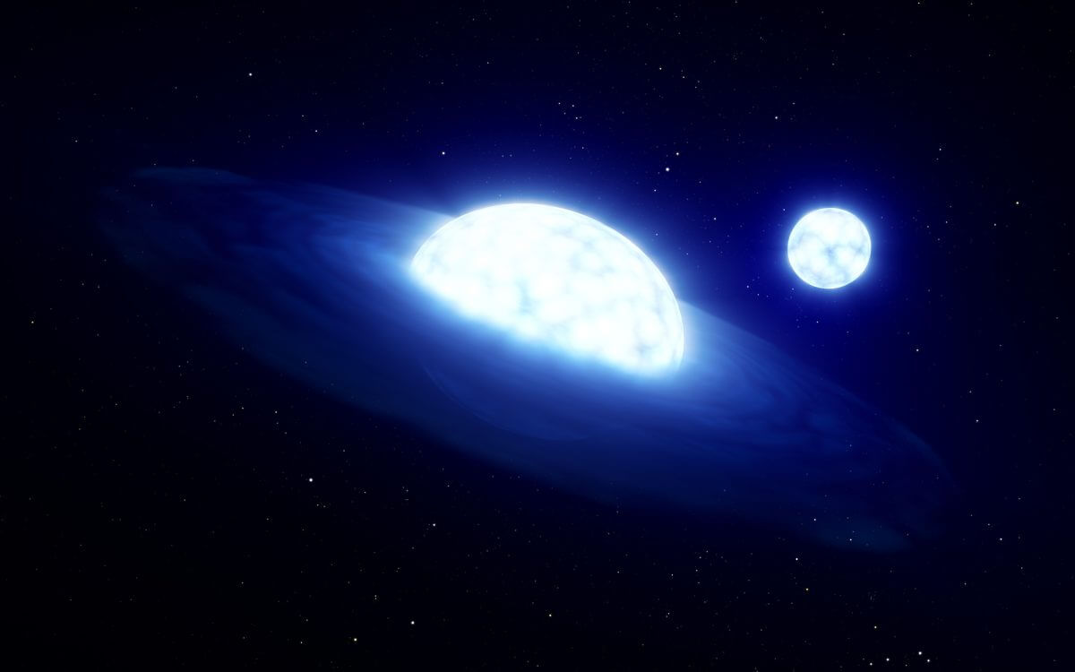  連星「HR 6819」の想像図。外層のガスを失ったB型星（奥）と、高速で自転するBe型星（手前）が描かれている（Credit: ESO/L. Calçada）