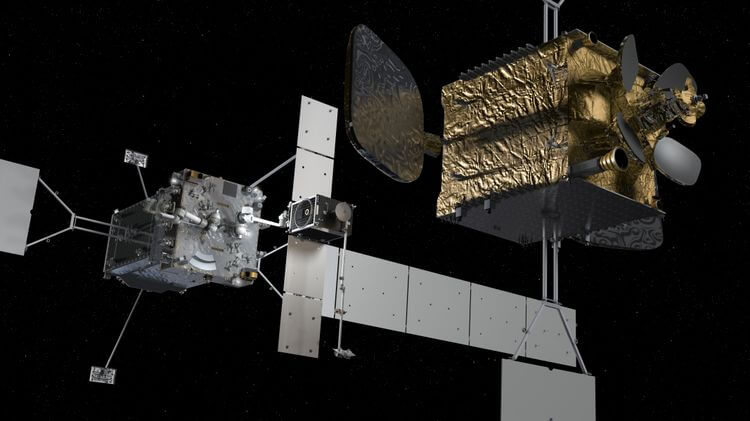 ノースロップ・グラマン傘下のスペース・ロジスティクスが打ち上げを予定している「MRV」（左）と「MEP」（中央）の想像図。MEPは顧客の衛星（右）にドッキングして最大6年間寿命を延長させる能力を持つとされる（Credit: Northrop Grumman）