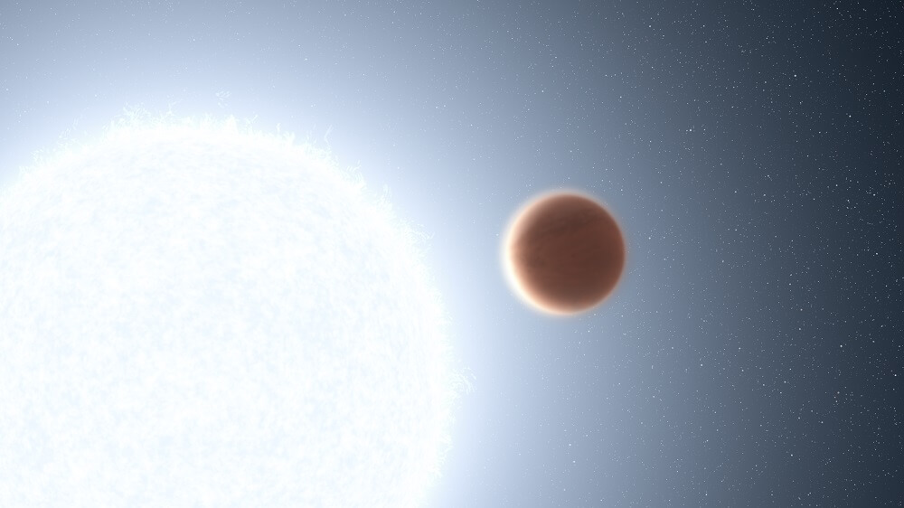 ウルトラホットジュピター「KELT-20b」の想像図。左の明るく輝く星は主星の恒星（Credit: NASA, ESA, Leah Hustak (STScI)）