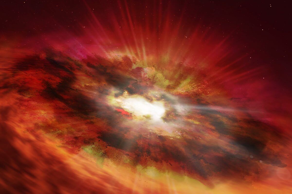 GNz7qを描いた想像図。スターバースト銀河の中心部分で急成長しているブラックホールが周囲の濃密な塵やガスを吹き飛ばし、クエーサーとして姿を現しつつある（Credit: ESA/Hubble, N. Bartmann）