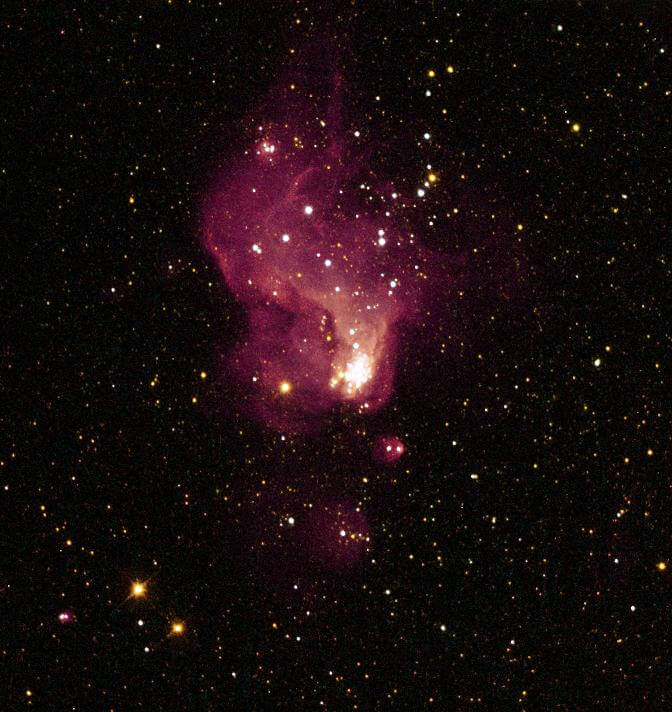 ハッブル宇宙望遠鏡が撮影したNGC 6822の星形成領域のひとつ「Hubble-V」。幅約200光年に渡って広がっている（Credit: NASA, ESA, and The Hubble Heritage Team (STScI/AURA); Acknowledgment: C. R. O'Dell (Vanderbilt University) and L. Bianchi (Johns Hopkins University and Osservatorio Astronomico, Torinese, Italy) ）