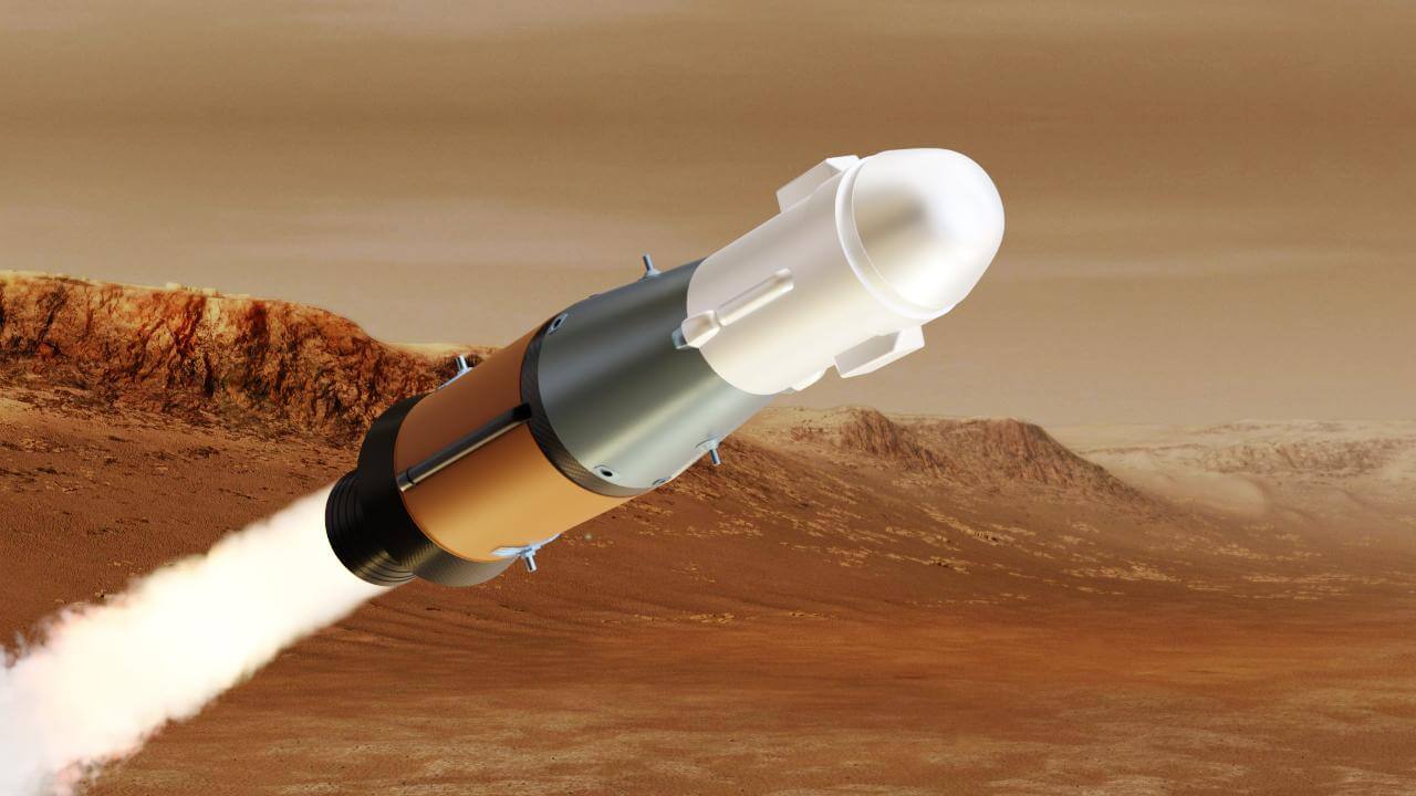 サンプルを載せて火星表面から打ち上げられた小型ロケット「MAV（Mars Ascent Vehicle）」の想像図（Credit: NASA）