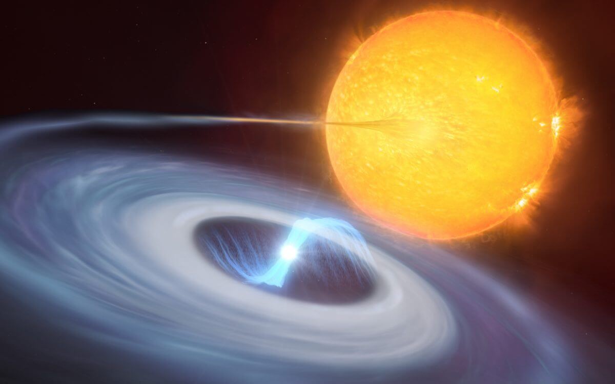 白色矮星と恒星からなる連星の想像図。水素ガスが白色矮星の磁場に沿って磁極へと流れ込んでいく様子が描かれている（Credit: ESO/M. Kornmesser, L. Calçada）