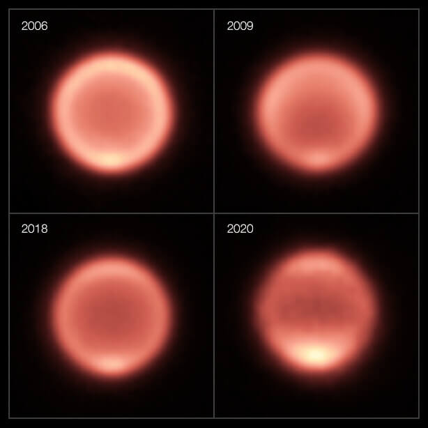 超大型望遠鏡（VLT）の「VISIR」（2006年・2009年・2018年）とすばる望遠鏡の「COSMIC」（2020年）によって取得された海王星の熱赤外線画像（Credit: ESO/M. Roman, NAOJ/Subaru/COMICS）