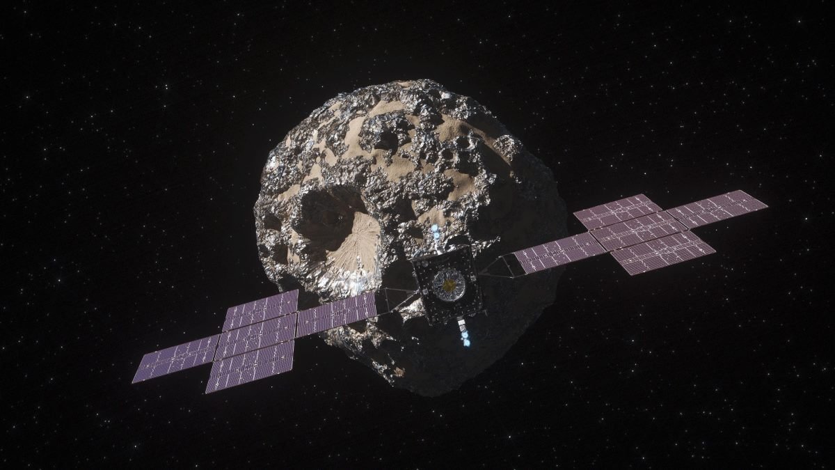 小惑星プシケ（奥）を観測する小惑星探査機サイキ（手前）の想像図（Credit: NASA/JPL-Caltech/ASU）