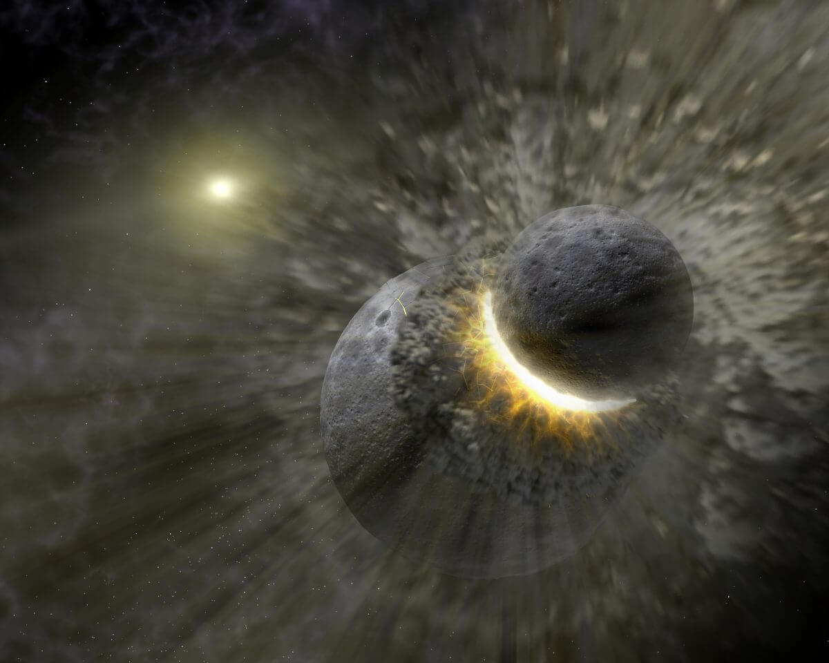 惑星サイズの天体どうしが衝突する様子を描いた想像図（Credit: NASA/JPL-Caltech/T. Pyle (SSC)）