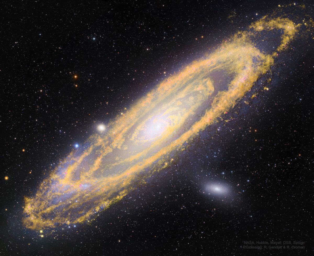 【▲スピッツァー宇宙望遠鏡が撮影した赤外線画像で、将来アンドロメダ銀河で星が形成される場所と巨大なダストレーン（Credit：NASA, NSF, NOAJ, Hubble, Subaru, Mayall, DSS, Spitzer; Processing & Copyright: Robert Gendler & Russell Croman）】